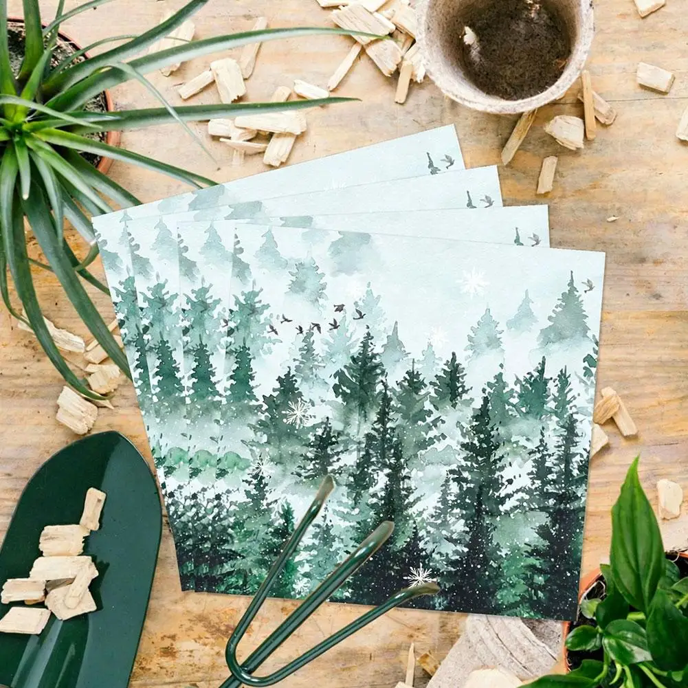 Green Misty Pine Tree Napkins Winter Snowflake Bird Watercolor Disposable Paper Napkin Xmas New Year Farmhouse Party Decor ﻿ - view 3