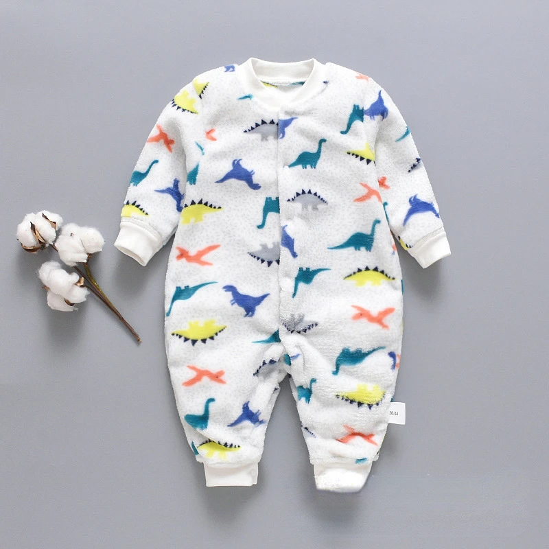 Autumn Winter Newborn Baby Clothes Dinosaur Print Baby Boy Romper Warm Infant Baby Boy Girl Soft Fleece Jumpsuit Pajamas