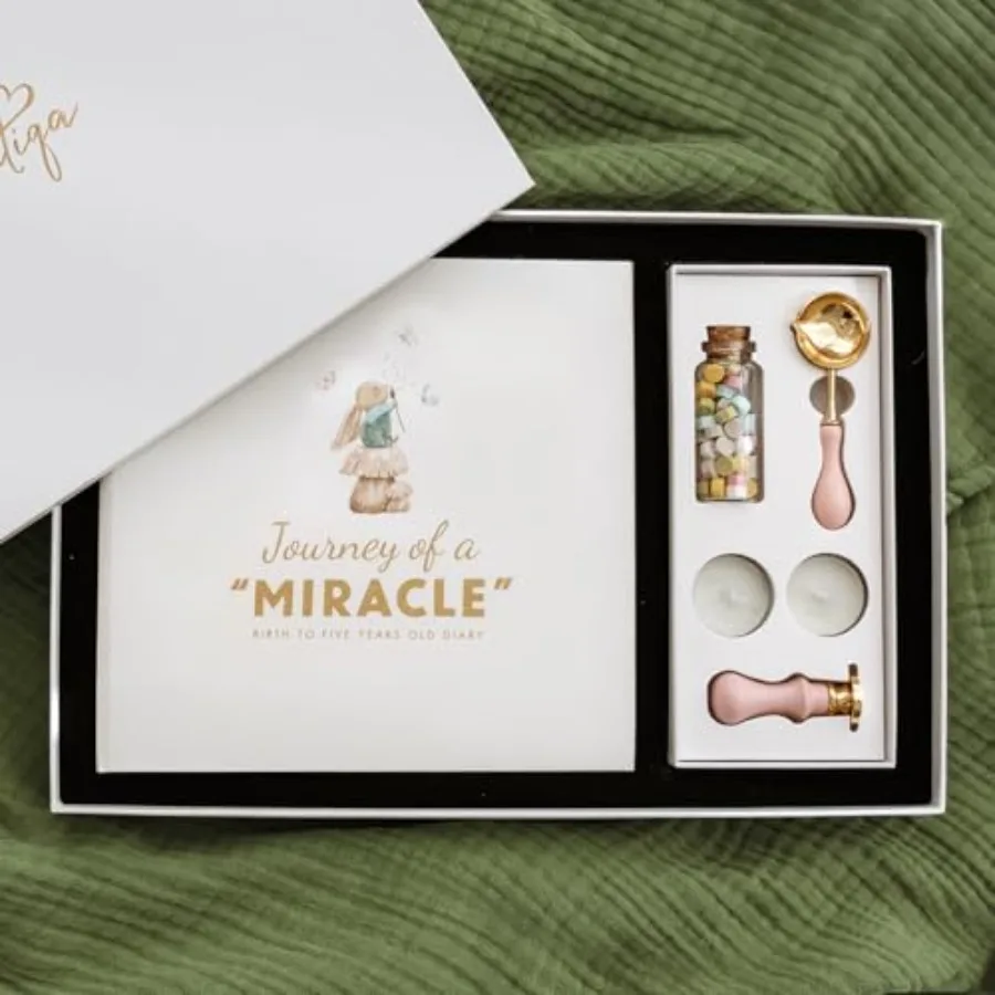 

Baby Memory Book Gift Set for Boy or Girl, First 5 Years Journal, Photo Album, Keepsake Box, Wax Seal Kit and Footprint Ink Pad