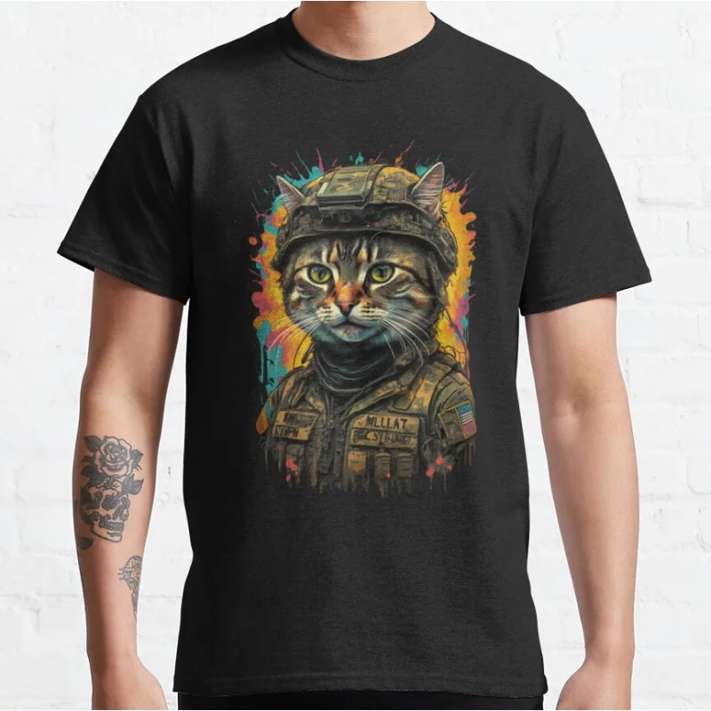 

Cute Soldier cat Ukrainian Cats Cool Ukraine hero art Short-sleeve crewneck T-shirt for men Large size Adult Tops S-6xl