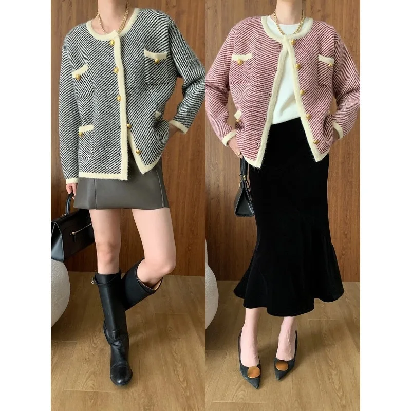 Urban accent twill contrasting color knitted cardigan small fragrant style jacket 2024 early autumn new style