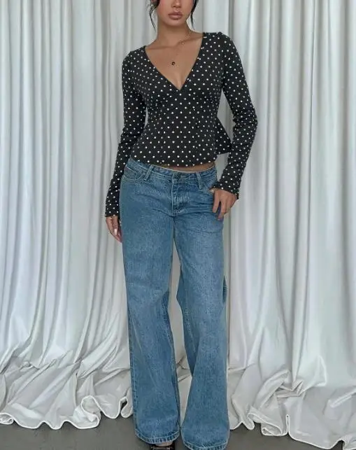 

Vintage Polka Dot Long-Sleeved Tunic Top with Waistband Slim-Fitting V-Neck T-Shirt for Women