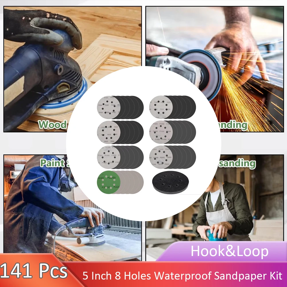 

140 шт., 5 дюймов, 8 отверстий, влажные и сухие шлифовальные диски, крючок и петля, зернистость 400-3000, орбитальные шлифовальные подушечки, автомобильная наждачная бумага с вставкой