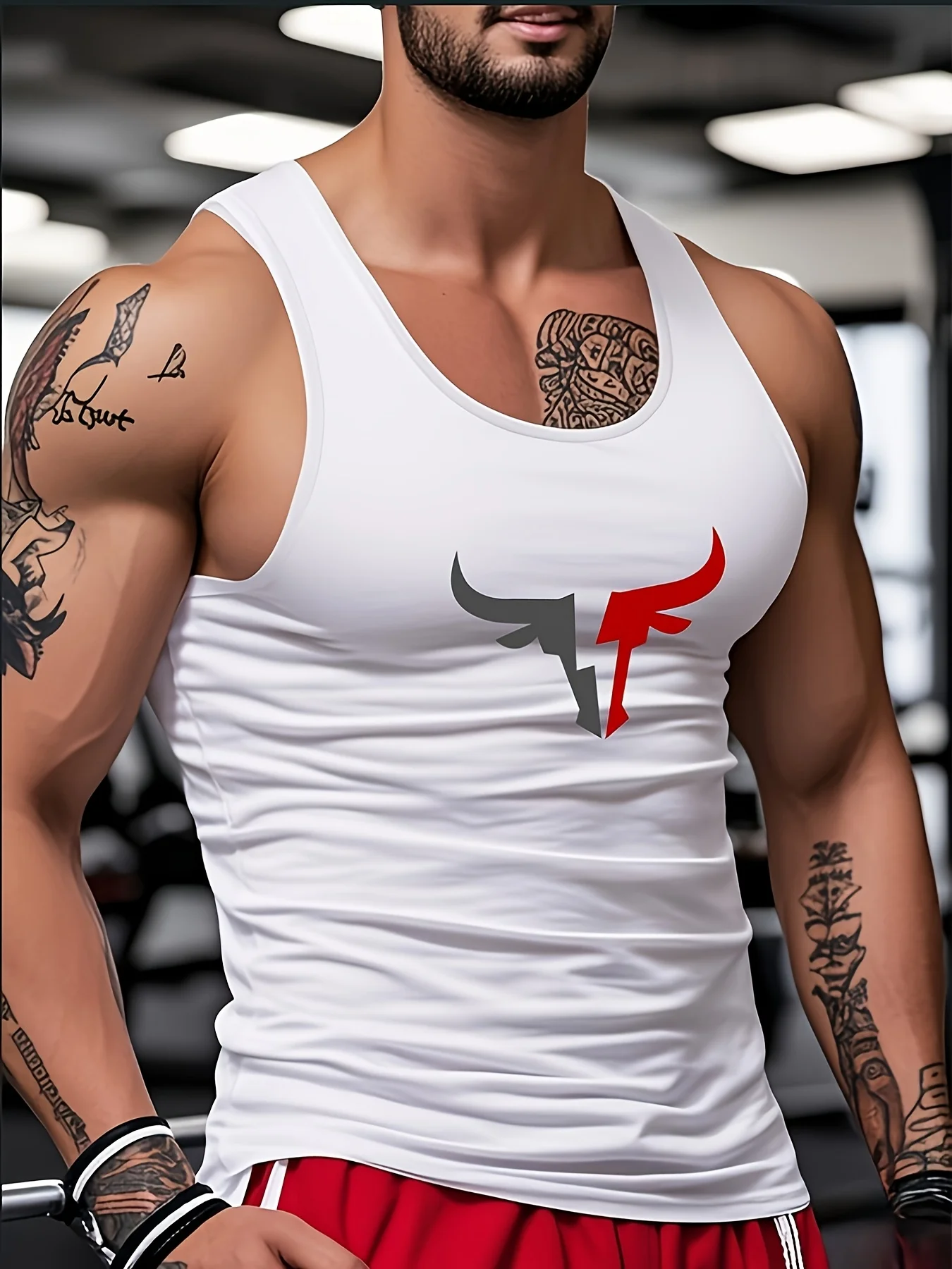 

Одна белая мужская майка с принтом в виде головы коровы, стандартный крой, мягкая и удобная ткань, подходит для занятий фитнесом.