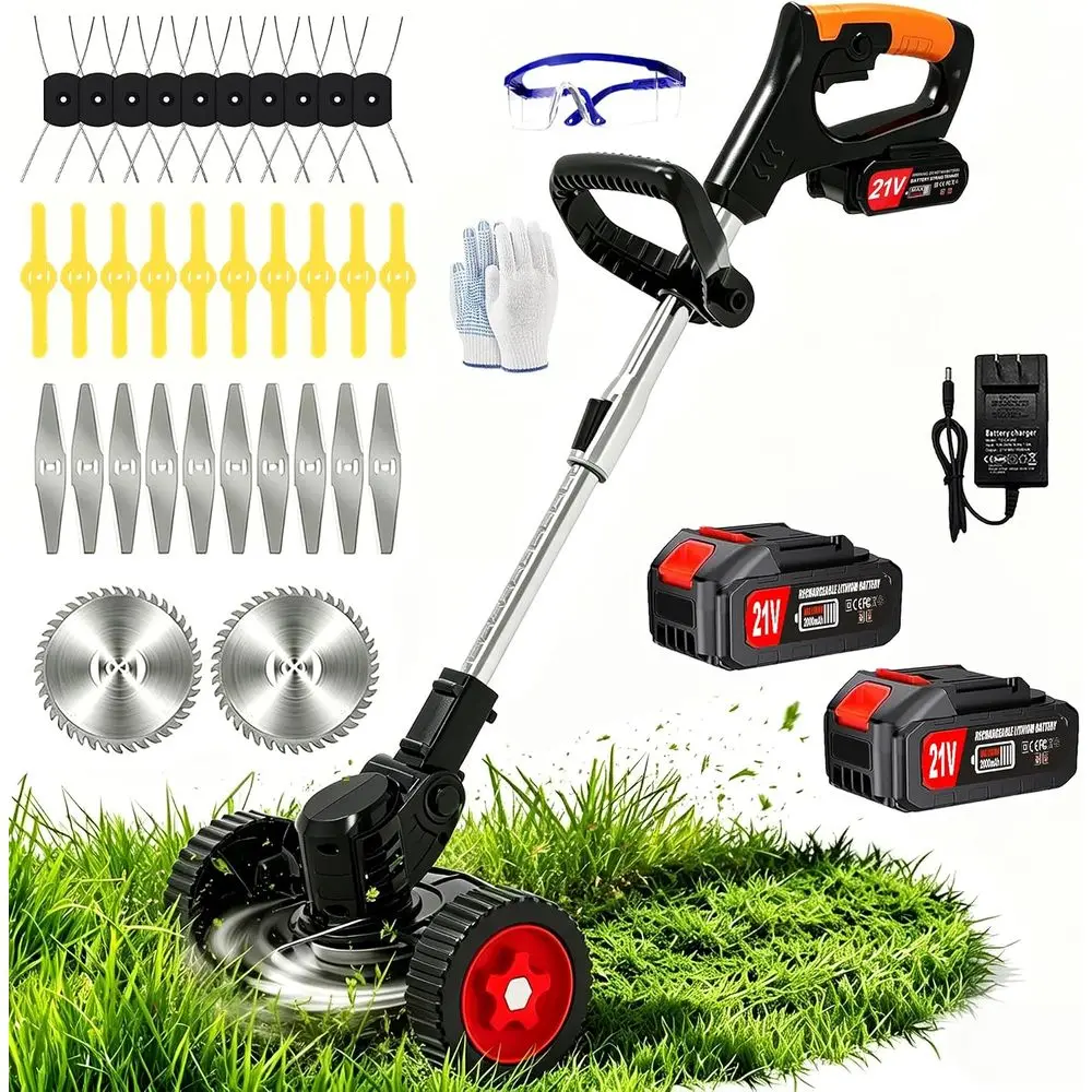 Electric Weed Wacker Cordlwith Wheels,21V Lightweight Electric Weed Eater attery Powered,4 in 1 Grass Trimmer/rush Cutter/Lawn E