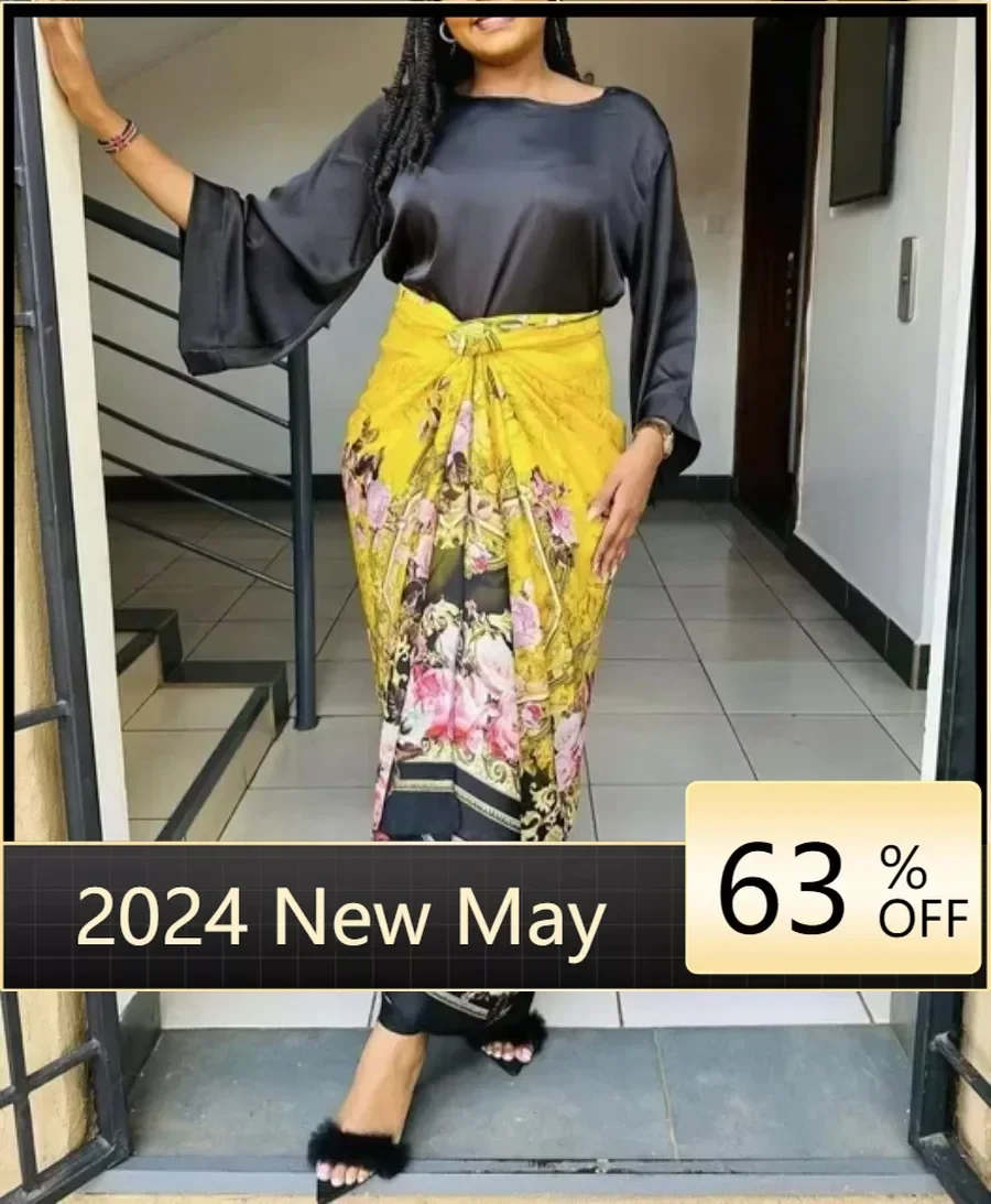 Elegant Women Print Set Long Dress and Bandage Skirt 2024 Spring Summer Outfits Street Plus Size Fashion Ladies Two 2 Piece Suit