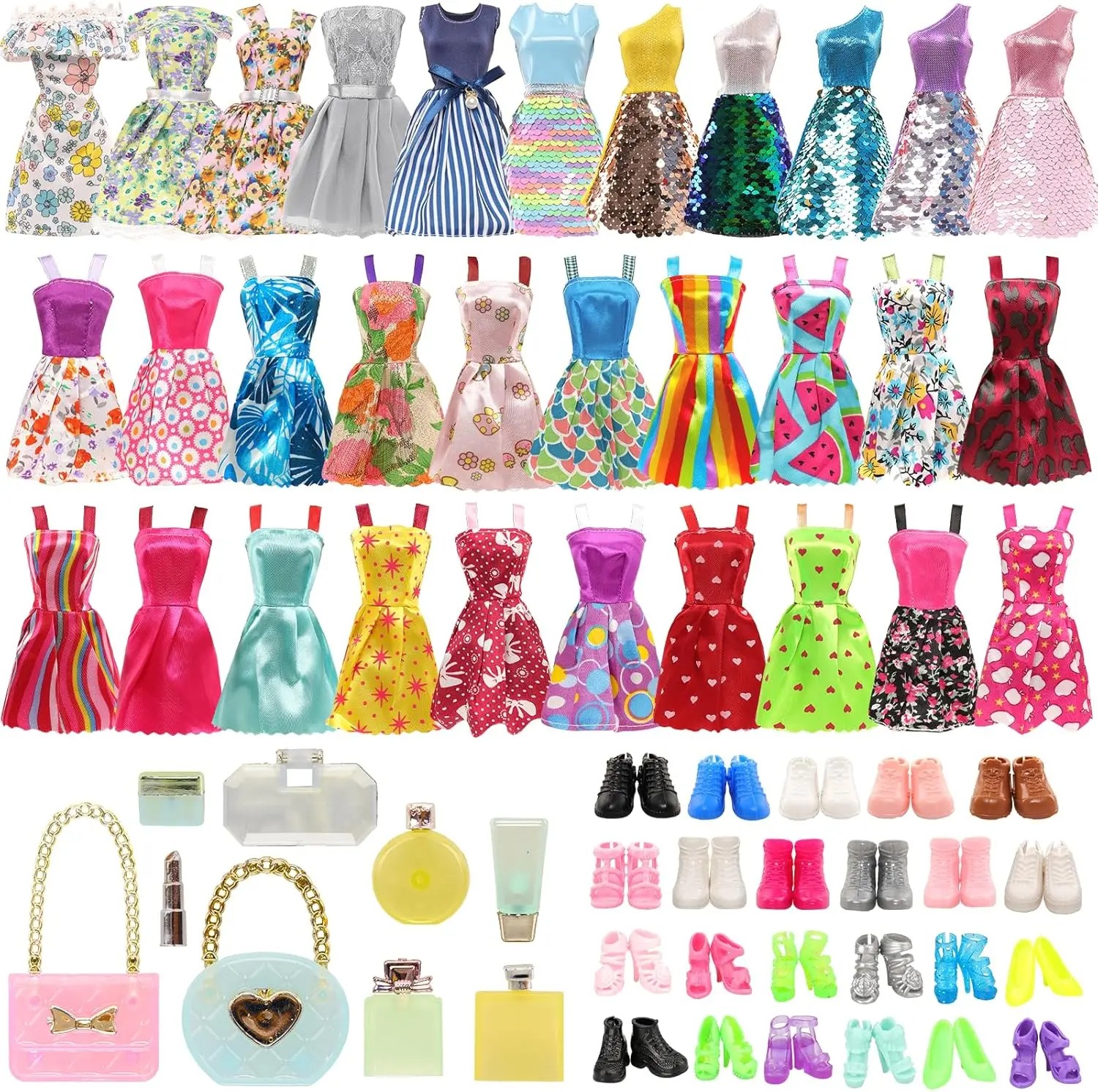 Barwa 35 PCS Doll Clothes and Shoes Flat Shoes and High Heels Fit for Different with Bag and Dollhouse Perfume