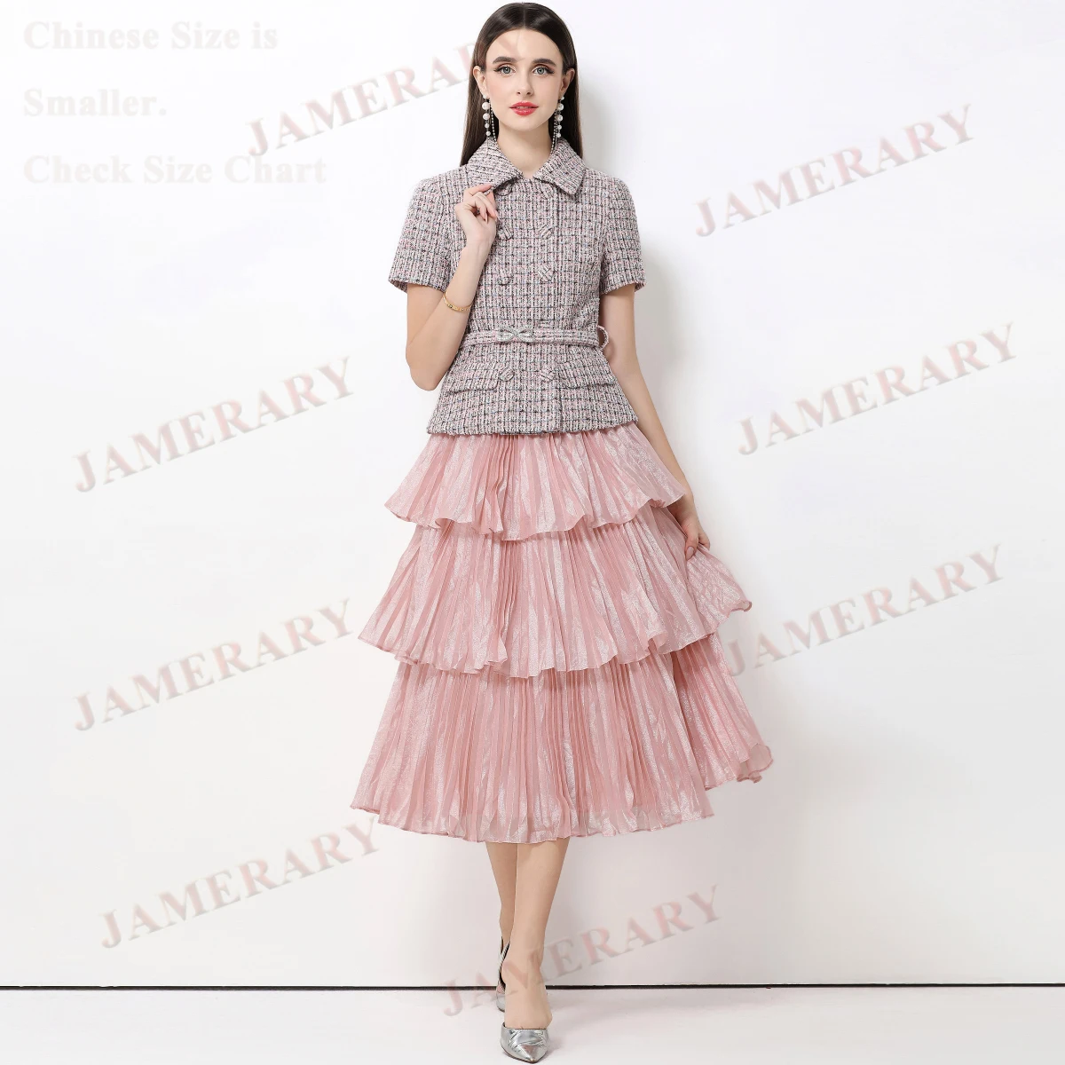 Summer Plaid Tweed Fake Two-Piece Set Long Dress Women Tweed Top Satin Cake Skirt Short Sleeve Diamond Elegant Autumn Dresses