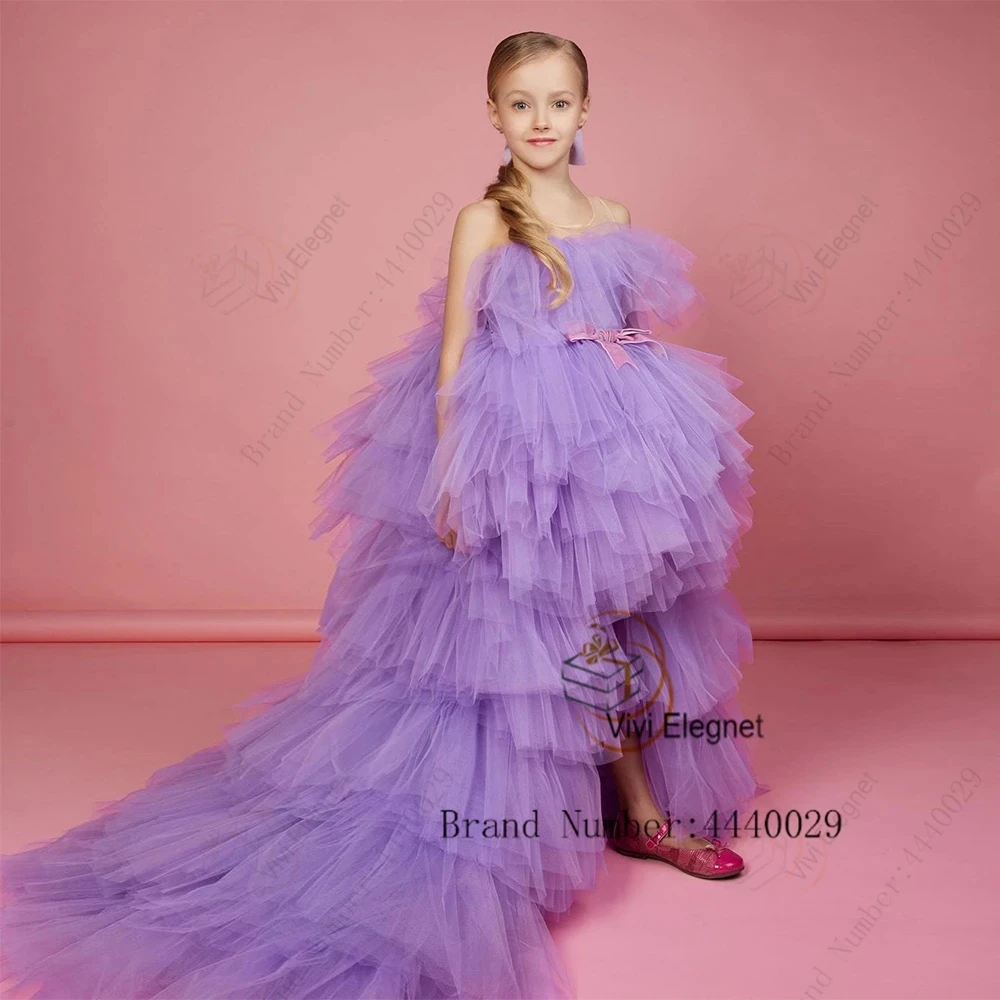 Tiered Purple Flower Girls Dresses for Kids 2024 Sleeveless Tiered Wedding Party Dresses Summer Sweep Train فلور فتاة اللباس