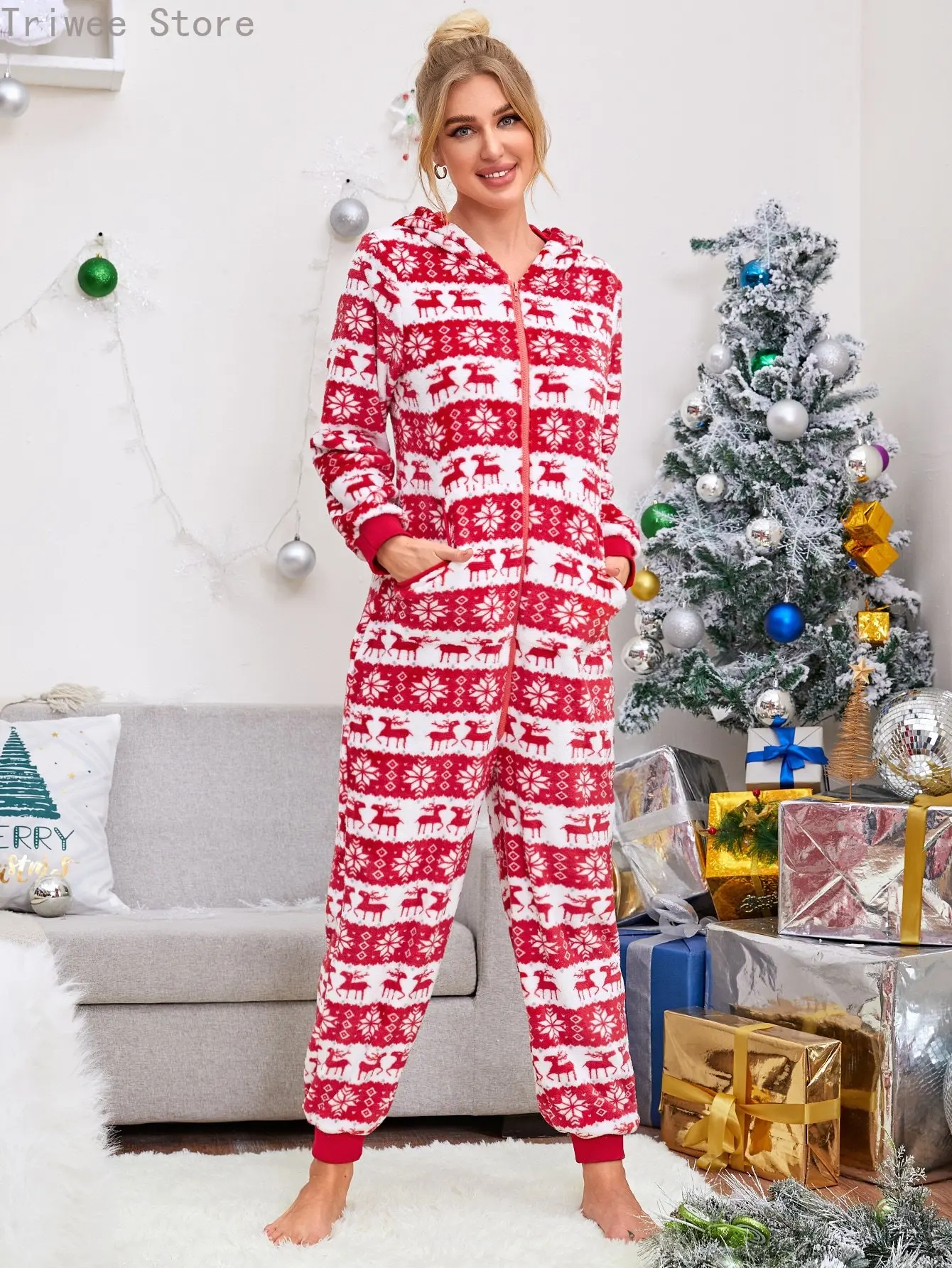 Women's Christmas Hooded Jumpsuit Long Sleeve Zip Up V Neck Cartoon Print Pajamas Winter Warm Sleep Home Wear