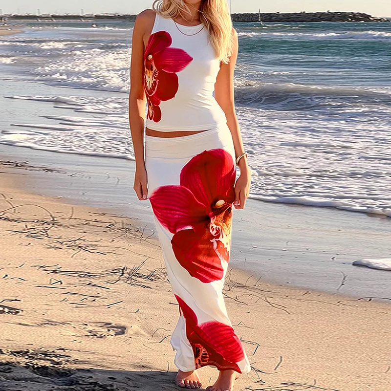 

BIIKPIIK Vacation Floral Printed Two Piece Sets For Women Beach Style Elegant Women Skirts Suits Sexy Slim Fit Summer SuitsSuits