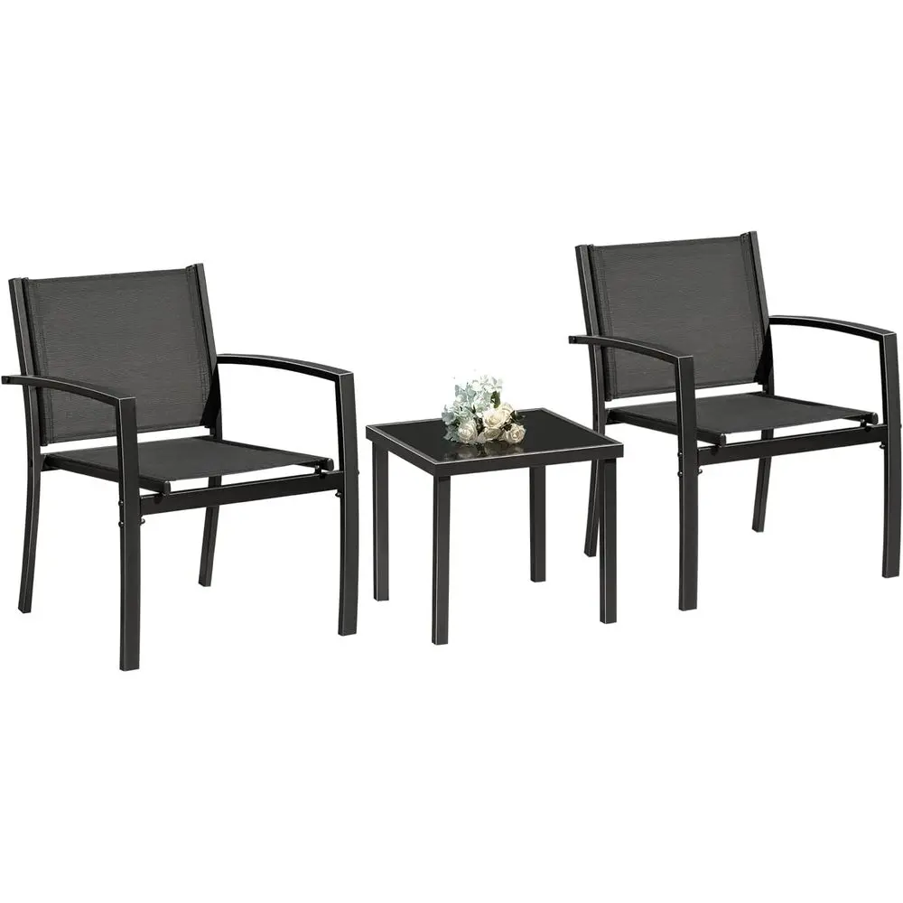 3-Piece Outdoor Patio Bistro Set with Textilene Chairs and Glass Table, Ideal for Lawn, Garden, Balcony, and Poolside