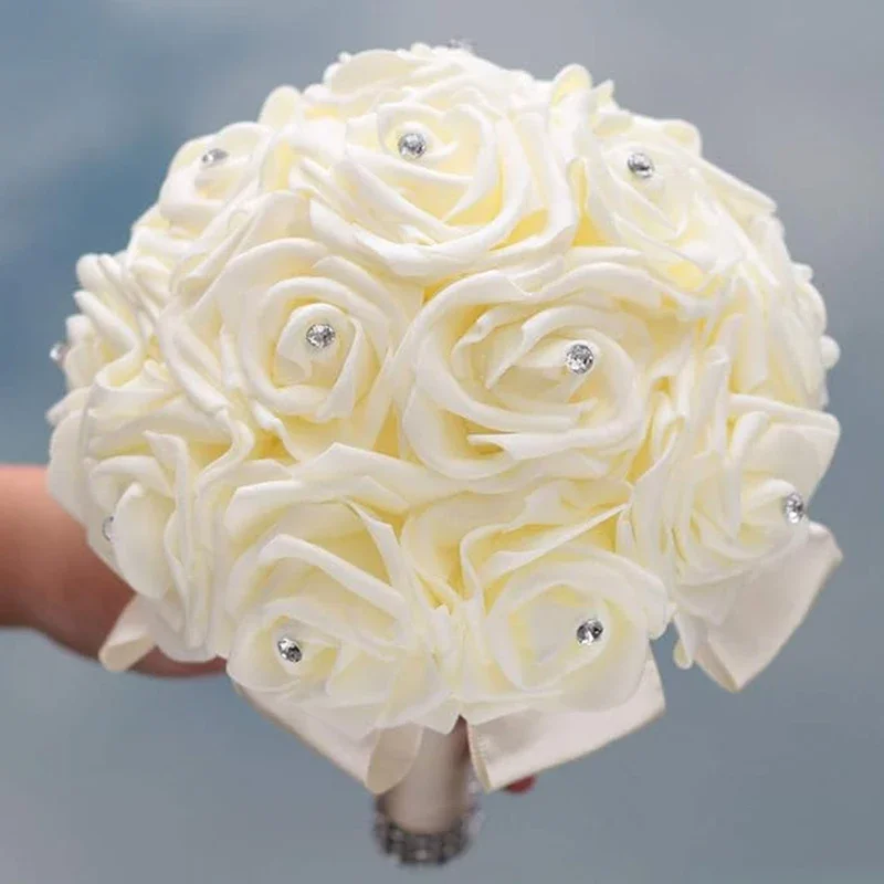 Bouquet de roses artificielles pour demoiselles d'honneur, blanc ivoire, crème, avec diamant, adapté aux fêtes de mariage et aux polarisation