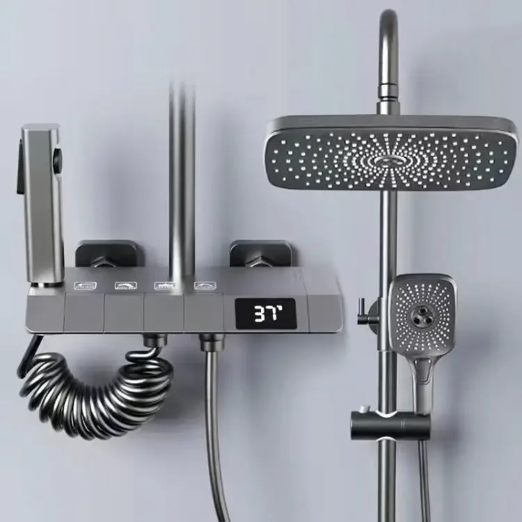 

Shower Set Gray Bathroom Digital Display Faucet Shower System Set Bathtub Hot and Cold 4 Functions Tap Shower Set