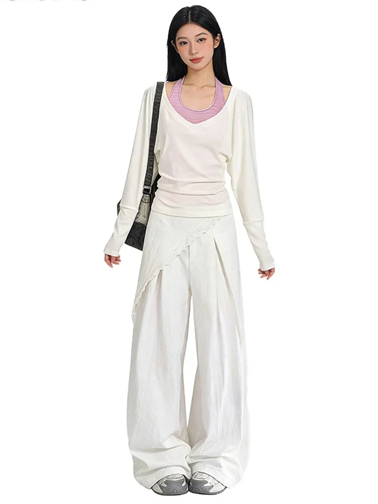 

Summer Pure Desire Stripe Neck Hanging Vest Long Sleeve Lace Trim Wide Leg Pants Three Piece Set Women's Fashion Casual Outfit