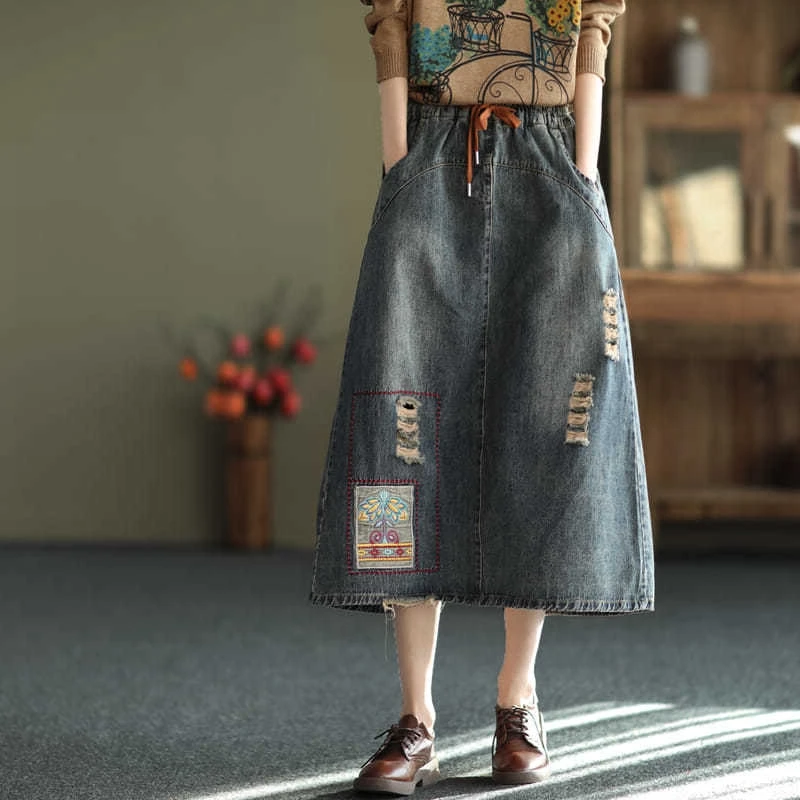Autumn Women Plus Size Denim Female Vintage Long Maxi Skirts Cartoon Cat Embroidery High Waist Jeans Skirt