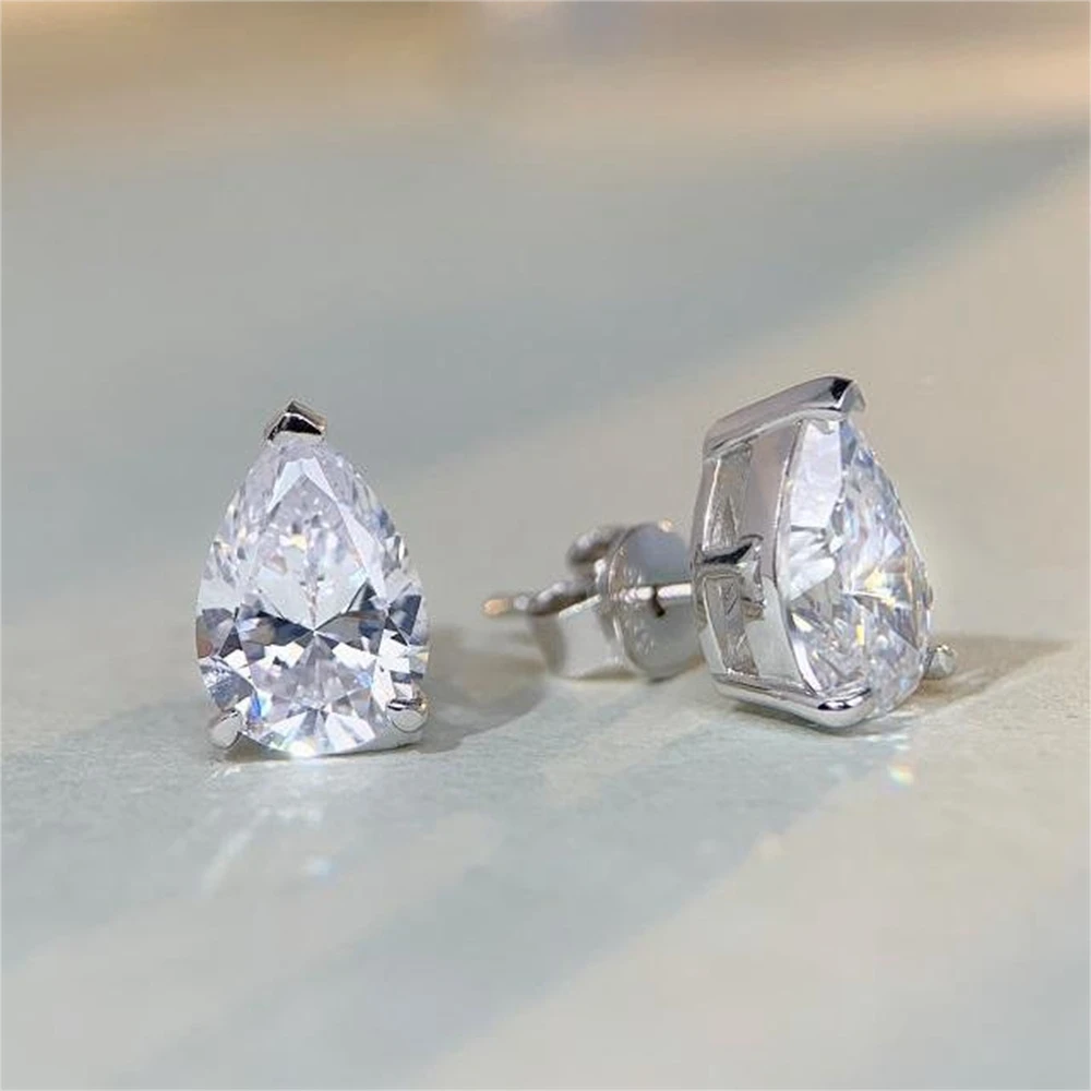 Vinregem 18K White Gold Plated Pear 3CT Sapphire Gemstones Stud Earrings For Women Gift 925 Sterling Silver Jewelry Dropshipping