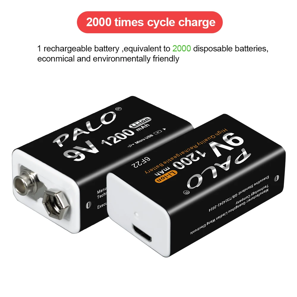 PALO 9V Rechargeable Battery 1200mAh 6F22 Micro USB 9v Li-ion Lithium Batteries for Multimeter Microphone Toy Remote Control KTV