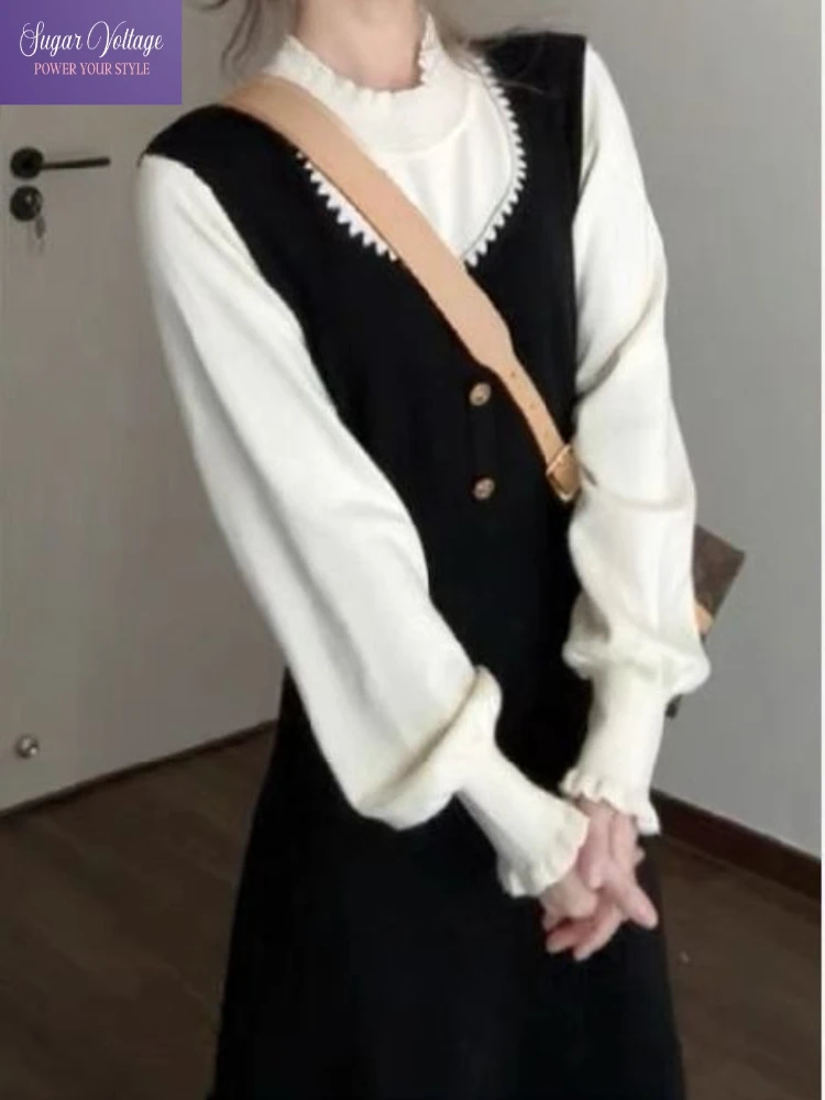 

Autumn Korean Fashion Luxury Fake Two Pieces Knit Dress Women Slim Fit Long Sleeve Tight Waist A-Line Dress Casual Elegant Dress