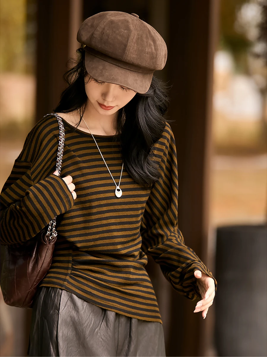 

Slimming Waist Design Long Sve round Ne T-irt Woolen Material Soft Comfortable Classic Striped Pattern Office Sle