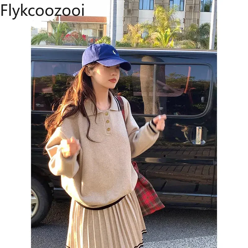 Preppy Style Polo Neck Hoodie High Waist Pleated Skirt Suit Women 2024 Spring New Two-piece Set Conjuntos Feminino Elegante