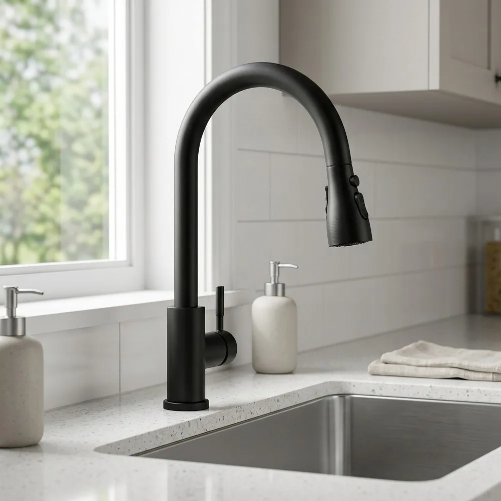 Stainless Steel Kitchen Faucet with Integrated Pull Down Sprayer and Selectable Stream Spray Pause Options for Indoor Use