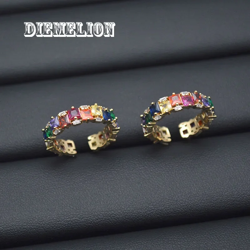 Hot Sale Luxury Rainbow Square Cubic Zirconia Rings for Women Full Shiny CZ Gold Plated Opening Ring Stackable Wedding Bands