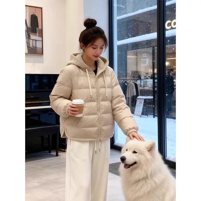 

Slim Fit Warm ort Cotton Jaet Women's Street Sle Knitted Patchwork Hooded Polyester Fill Winter Outerwear Coat