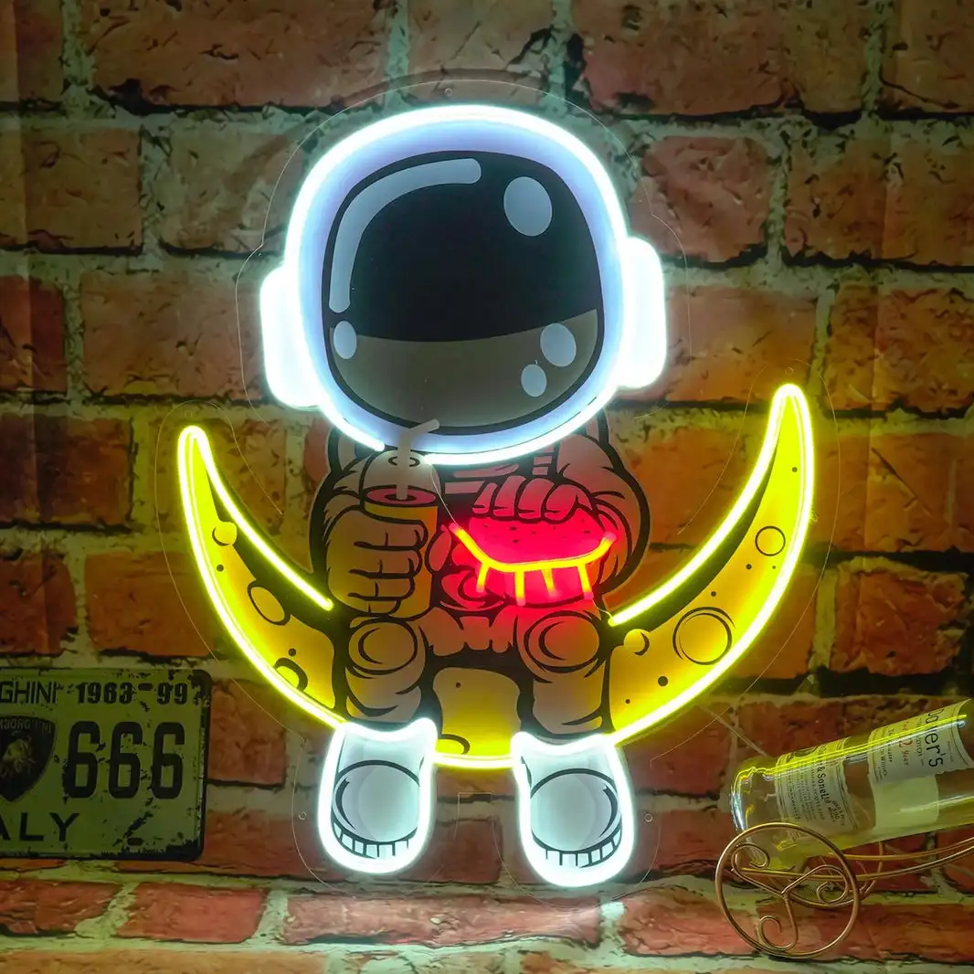 Pizza Store Neon Light Astronaut Neon Sign Pizza Neon Signs Spaceman Eating Pizza UV Printing Art Wall Decor Led Light