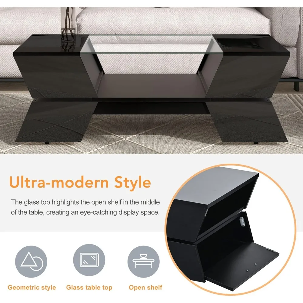 Table basse géométrique à plateau en verre de 6 mm avec étagères et armoires ouvertes, table de cocktail élégante