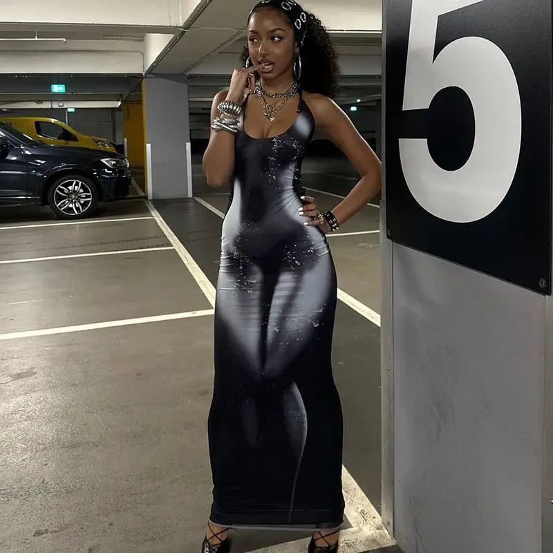 

Y2k Millennium Hot Girl Heat Induction Human Body Printing Summer Subculture Strap Skirt Slimming Strap Back Women's Dress
