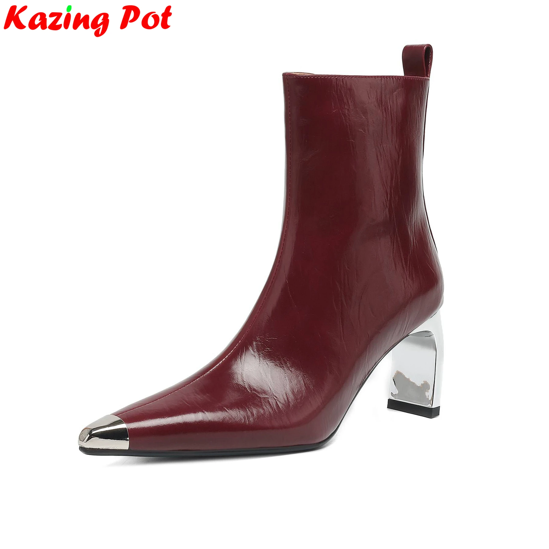 Krazing Pot 2026, современные ботинки на высоком каблуке из коровьей кожи с острым носком, брендовая теплая зимняя осенняя обувь, лаконичные женские ботильоны для свиданий