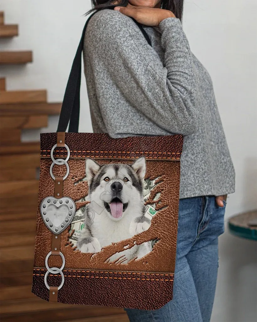 

Alaskan Malamute Stylish Cloth Tote Bag Handle Storage Shopper Bag Funny Foldable Reusable Tote Multipurpose 14Style dog pattern