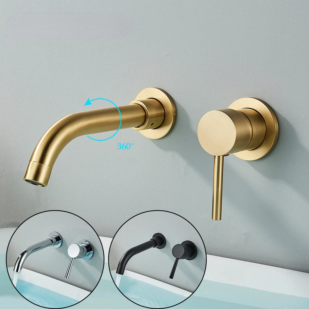

Bathroom Basin Faucet Brushed Golden Concealed Wall Mounted Faucet Tap 360 Rotation Single Handle Hot Cold Water Bath Mixer Tap