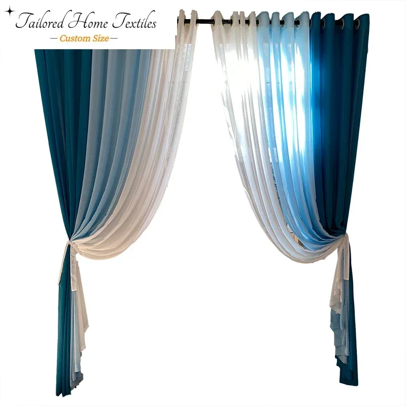 

Custom Size Blue Semi-transparent Tulle Gauze Curtains for Living Room Bedroom Dining Room Translucent Window Veil Curtain