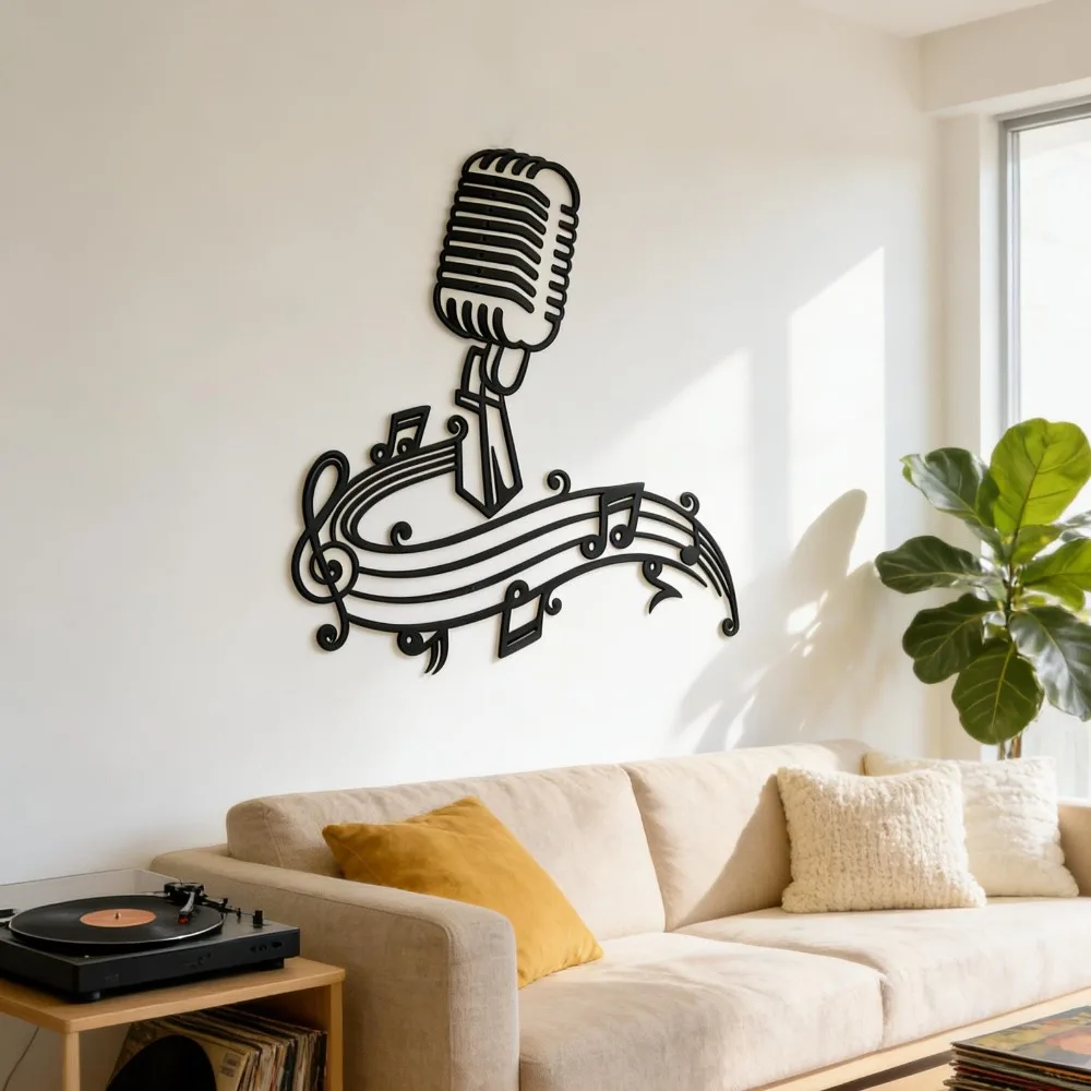 Flat Vintage Microphone Metal Wall Art, Iron Silhouette, Rust‑Resistant Music Notes Decor, Music Studio Mural Ornament