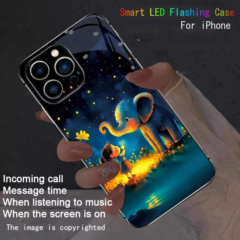 

Cute Elephant Girl LED Phone Case Shine For iPhone 17 16 15 14 Pro Max 13 12 Mini 11 X XS Glass Glow Flashing Poective Cover
