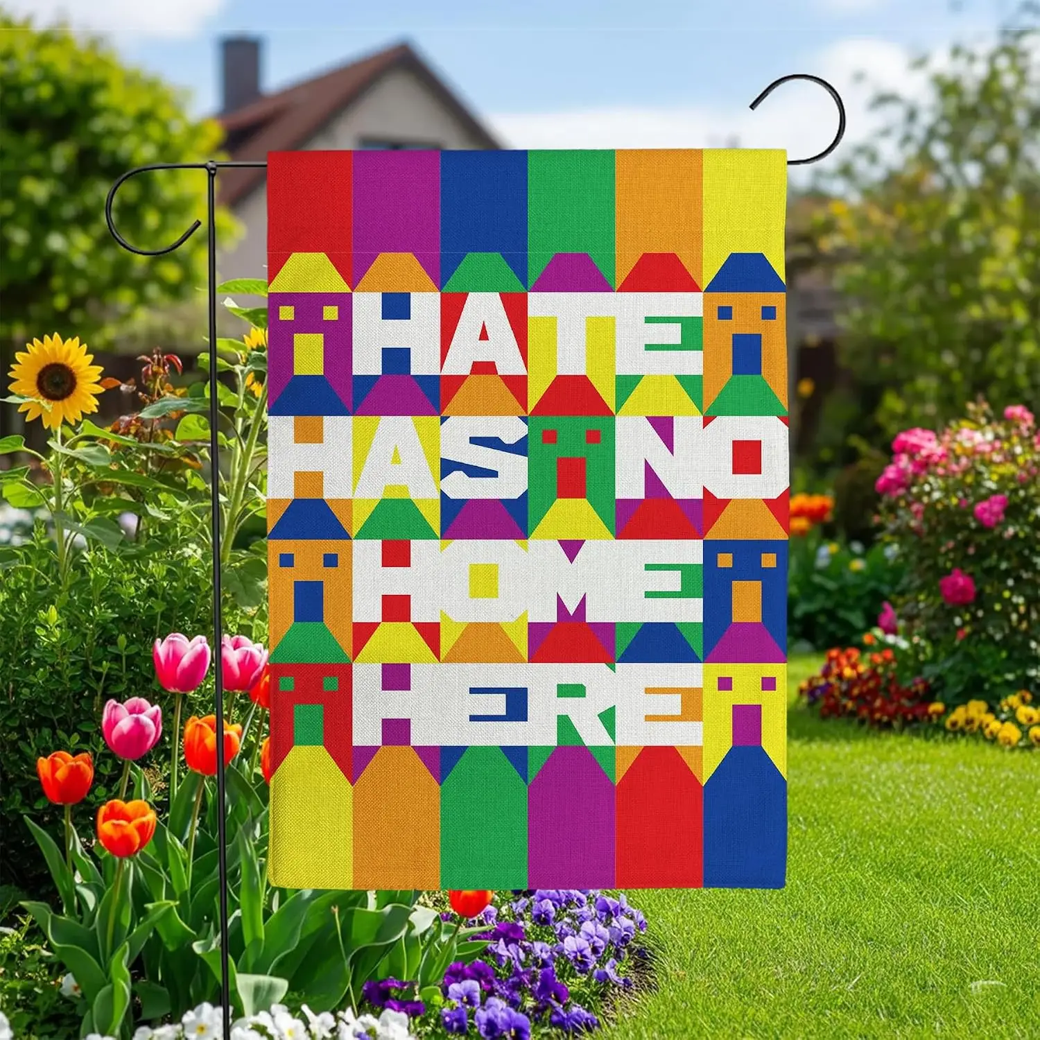 Pride Garden Flag 12x18 Inch Yard Decor Hate Has No Home Here Sign | Double-Sided Garden Flag Promotes Kindness Inclusivity  kkz