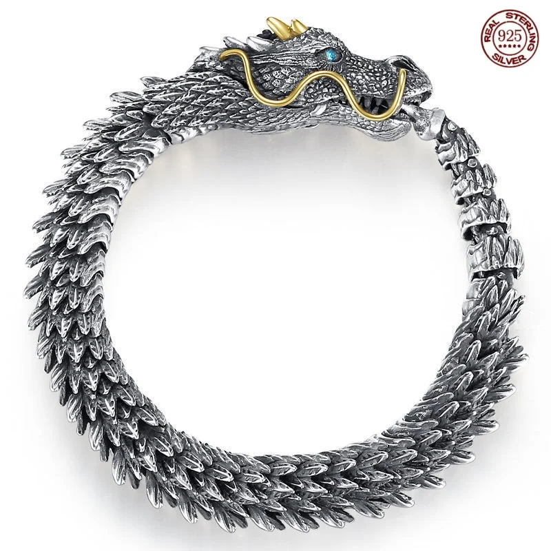 

S925 Silver Goth Black Gun Dragon Men's bracelet Rock style Golden horn overbearing women's party jewelry