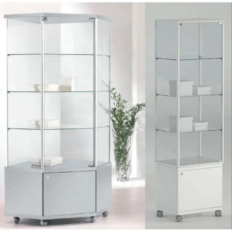 

custom.KEWAY Tower Frameless Twin Revolving Display Cabinet With Top Lights Modern Commercial Mirror Glass Display Showcases