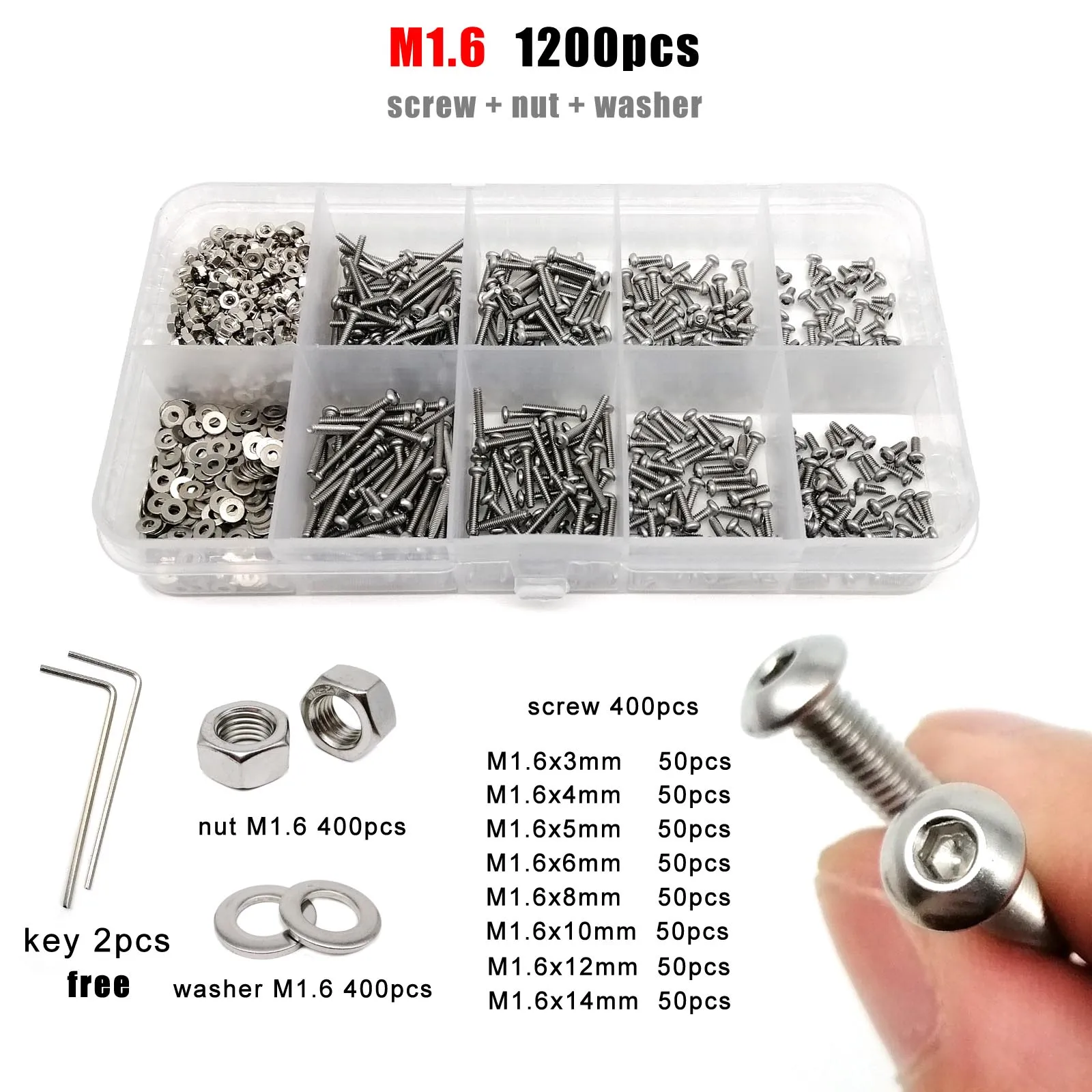 1 Set M1.6 M2 M2.5 M3 M4 M5 M6 M8 ISO7380 304 Stainless Steel Allen Hexagon Hex Socket Button Head Screw Bolt Nut Washer Kit Box