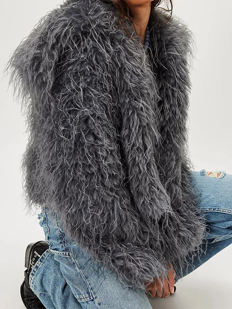 Elegante casaco curto de pele feminino manga cheia engrossar o pescoço ponto aberto casacos de festa feminino 2025 moda outono inverno outwear