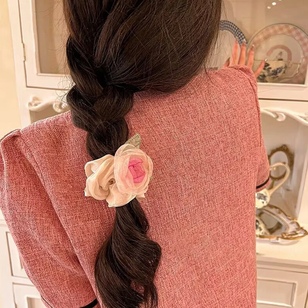 Elegant Camellia Flower Scrunchies Female Senior Dried Rose Hairpin Grab Clip Hairwear Headstring Bangs Clips Hairpin Headwear