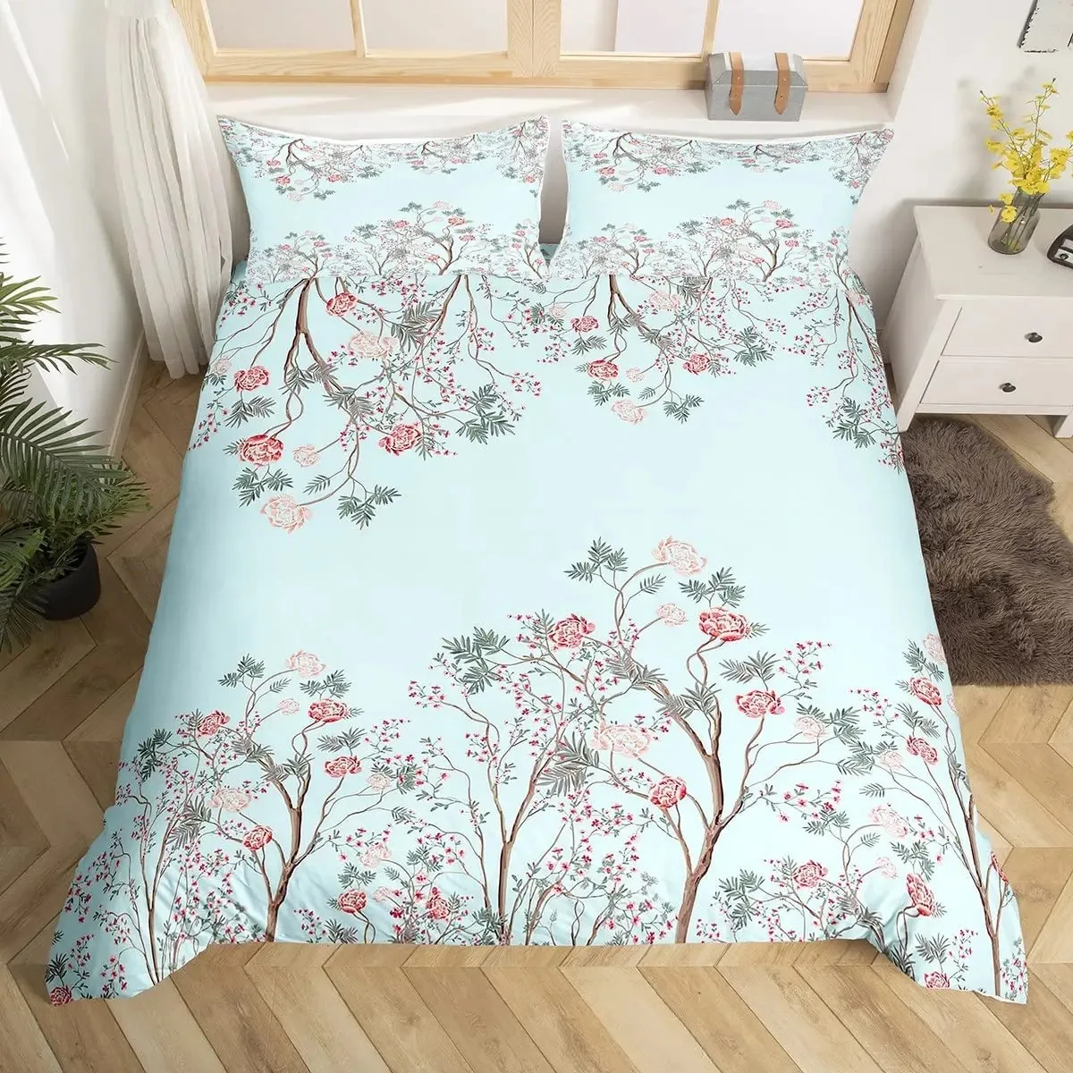 Fresh Botanical Floral Bedding Set Queen Size For Boys Adults Farmhouse Style Leaves Flower Branch Duvet Cover Pillowcases Decor