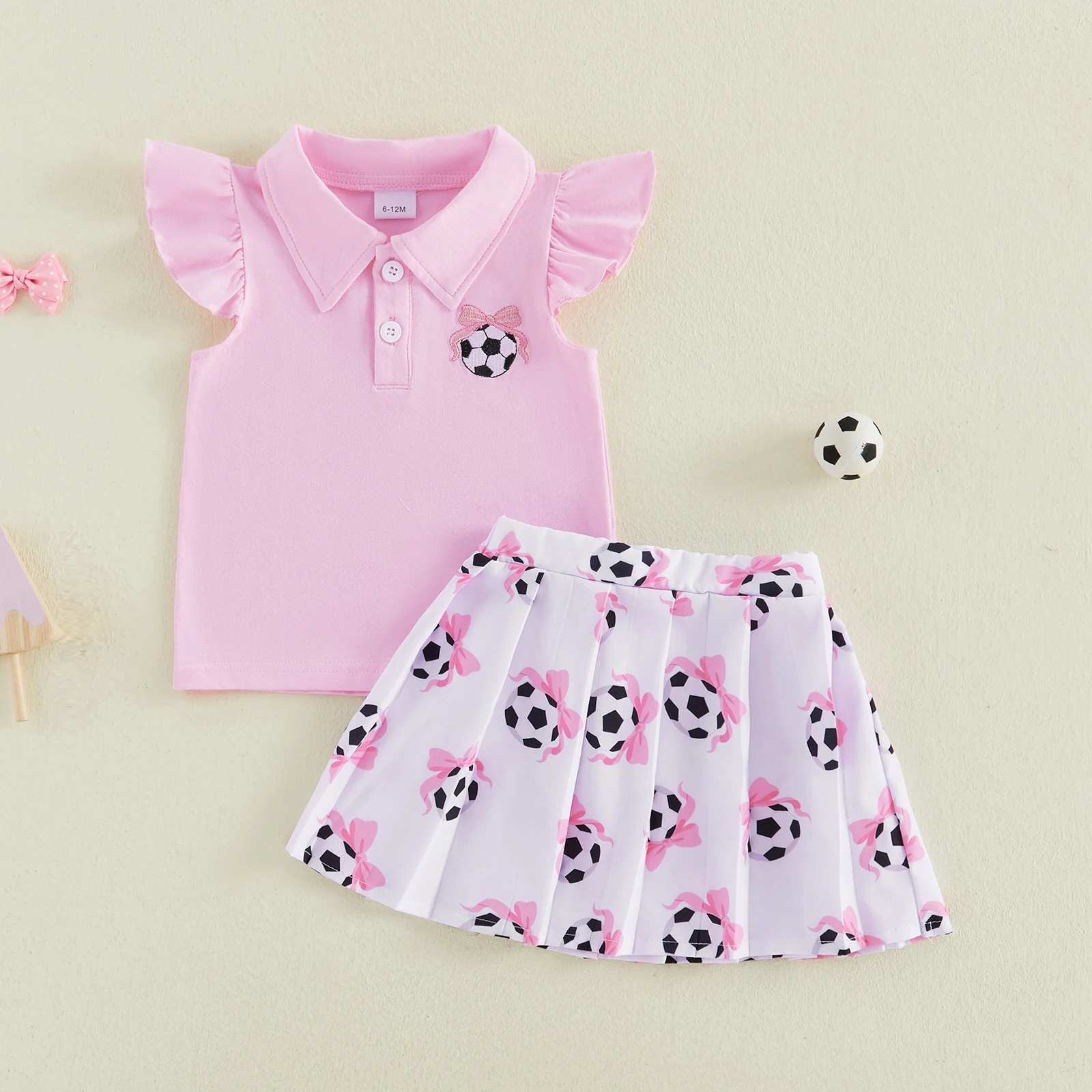 1-5Y Toddler Baby Girls Summer Outfits Bow Football Embroidered Collared Flying Sleeve Tops A Line Pleated Skirt 2 Pcs Set