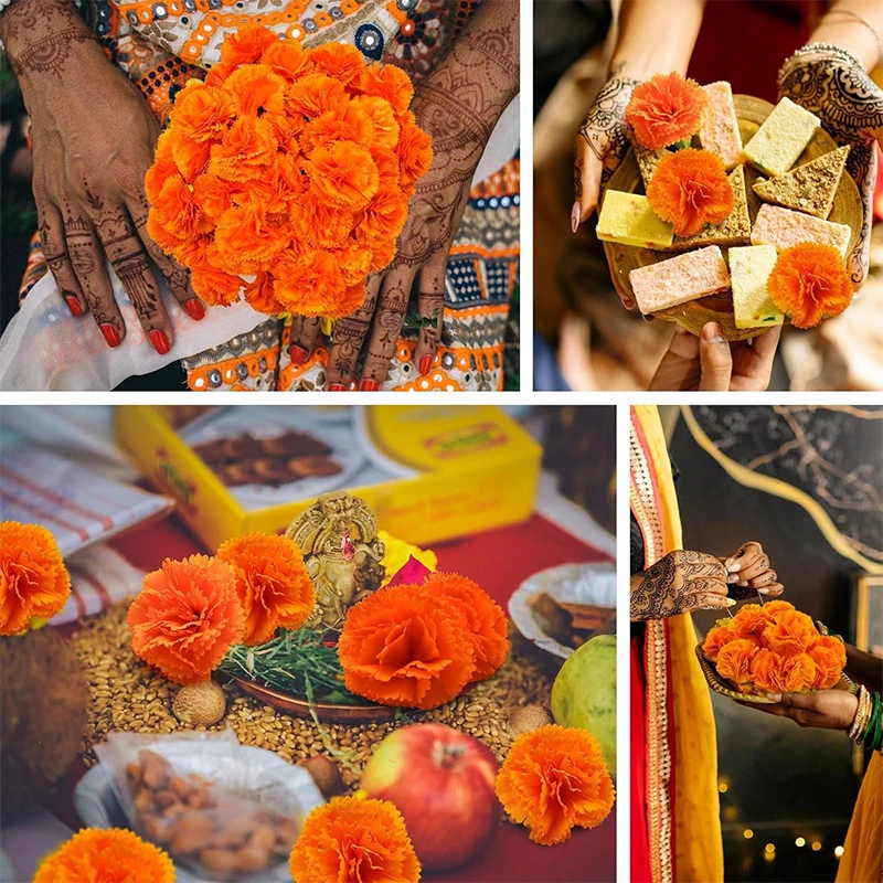 5/10 Stück 5 cm große orangefarbene Ringelblumenköpfe mit Stielen, künstliche Seidenblumen für Zuhause, Zimmer, Hochzeit, Party, Halloween-Dekoration – Detail 11