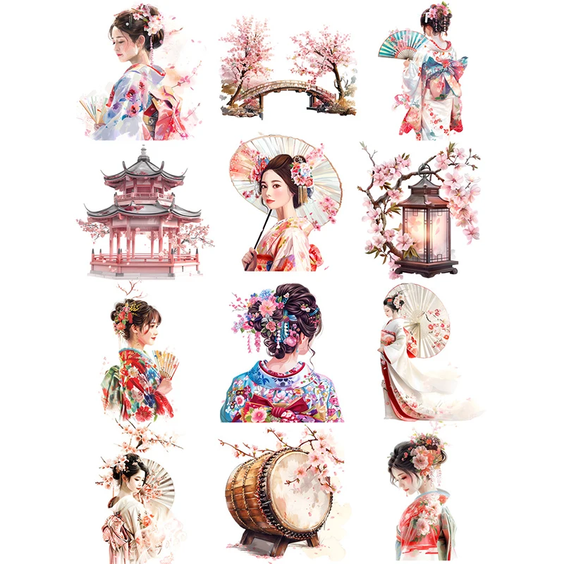 12Pcs/Pack Japanese Cherry Kimono Sticker DIY Craft Scrapbooking Album Junk Journal Decorative Stickers