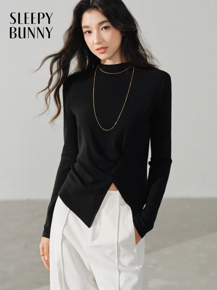 

Шерстяной топ с длинным рукавом, женская тонкая футболка с воротником-стойкой, мягкая эластичная майка с разрезом подол для осенне-зимней повседневной многослойной одежды