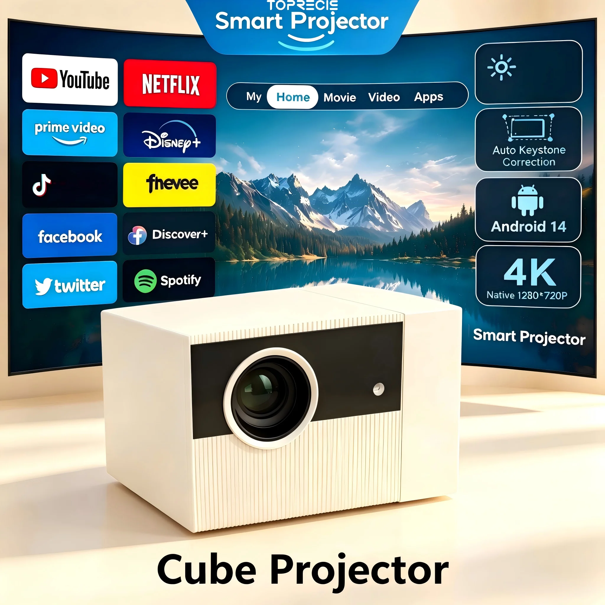 Toprecis Mini Cube Projector, 720P Native 4K Supported, Android 14 WiFi Screen Mirroring, 45° Adjustable Stand Home Theater