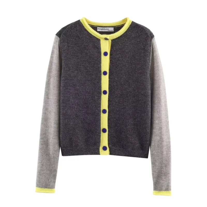 

Women's Colour Block Cardigan New Spring Casual O Neck Long Sleeve Button Women Short Sweater Female Simple Tops